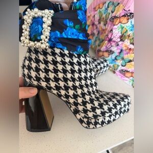 Betsey Johnson Black and White Houndstooth Heeled Boots